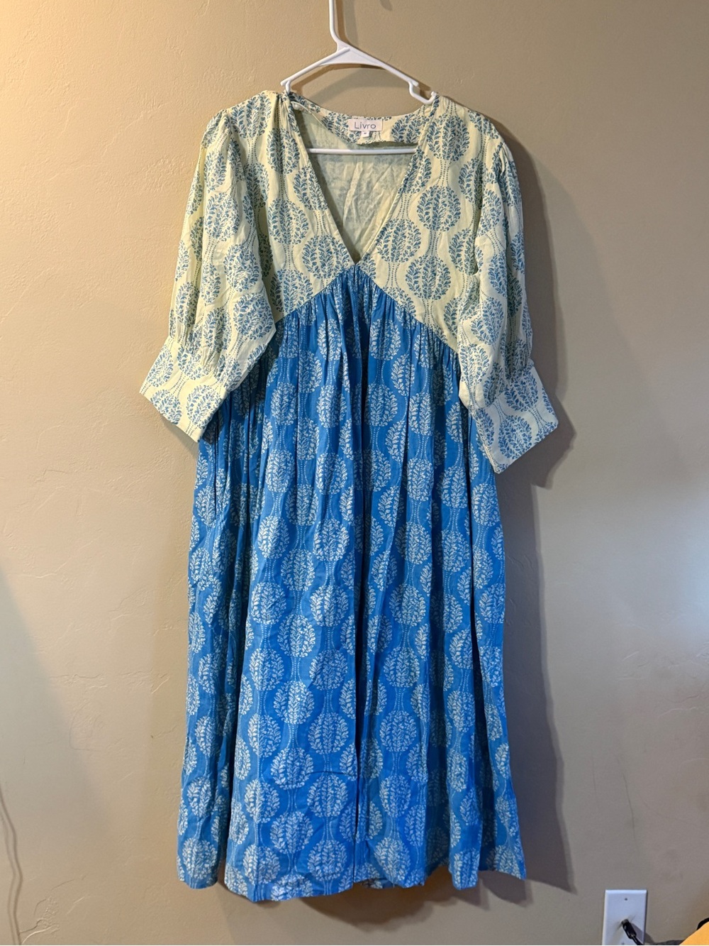 Livro Blue and Cream Hand Block Print Midi Dress Cotton